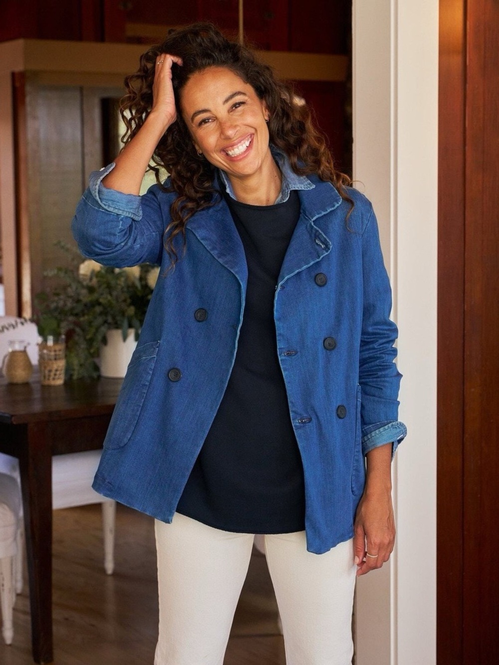 Frank & Eileen Belfast Italian Performance Denim Peacoat Jacket Blue Large